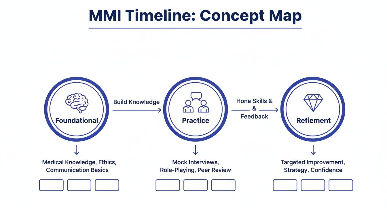 MMI timeline concept map detailing three stages: Foundational, Practice, Refinement, with key activities for each.