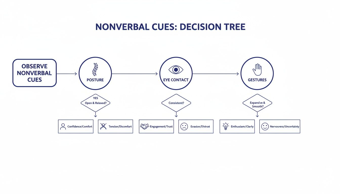 A nonverbal cues decision tree showing interpretation of posture, eye contact, and gestures.