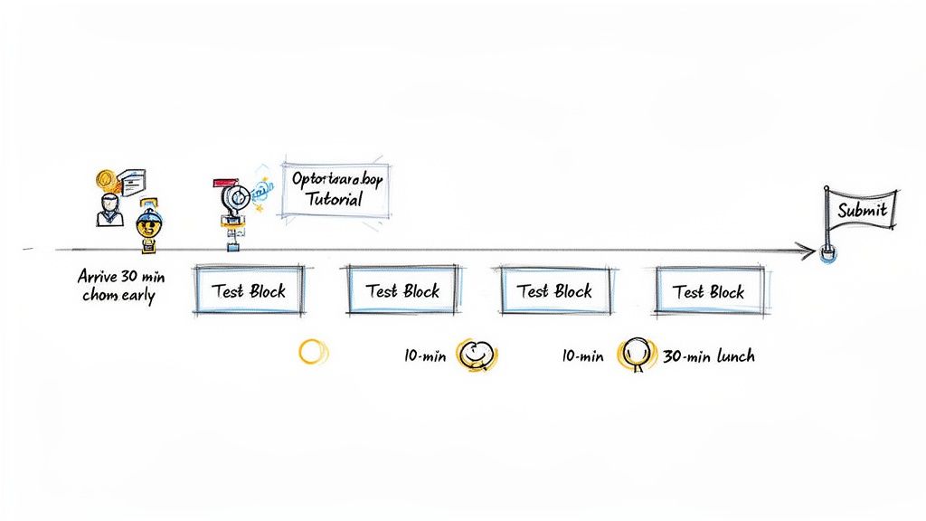 A detailed timeline diagram showing the stages of an exam, including arrival, tutorial, test blocks, breaks, and submission.