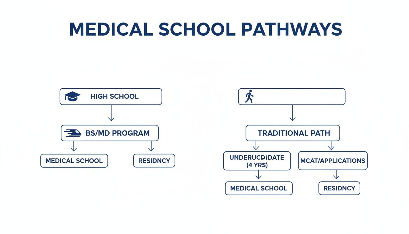 Flowchart detailing two paths to medical school: the accelerated BS/MD program and the traditional route.