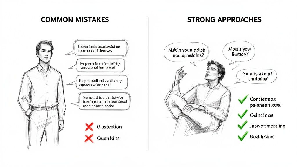 A diagram contrasting common mistakes with strong approaches, featuring two men and speech bubbles.