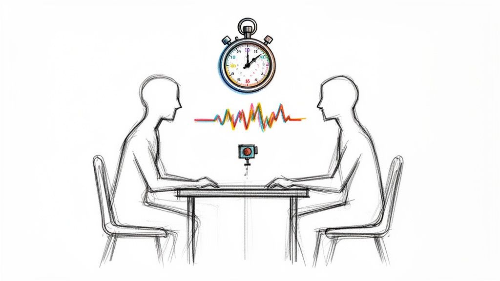 Illustration of an interview setting with two people, a stopwatch, a sound wave, and a camera.
