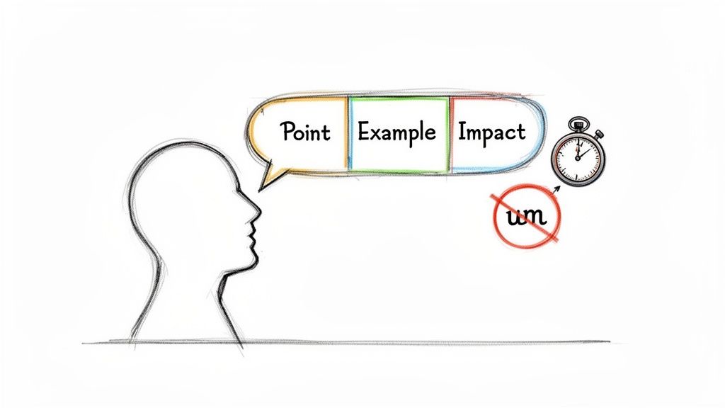 A person speaking with a 'Point, Example, Impact' structure, avoiding 'um' to save time.
