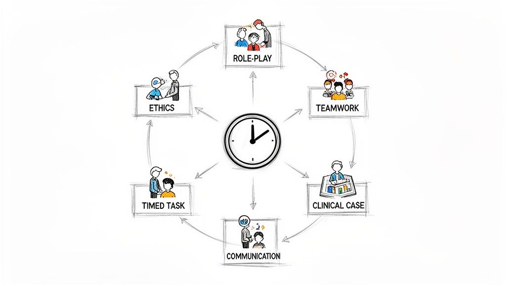 A diagram illustrating six interconnected learning topics: role-play, teamwork, clinical case, communication, timed task, and ethics, centered around a clock.