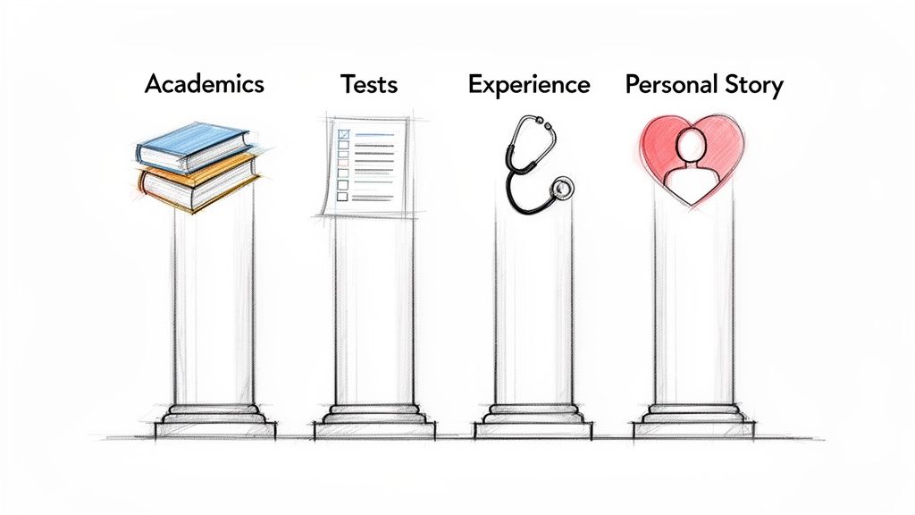 Four pillars illustrate key requirements for PA school: academics, tests, experience, and personal story.