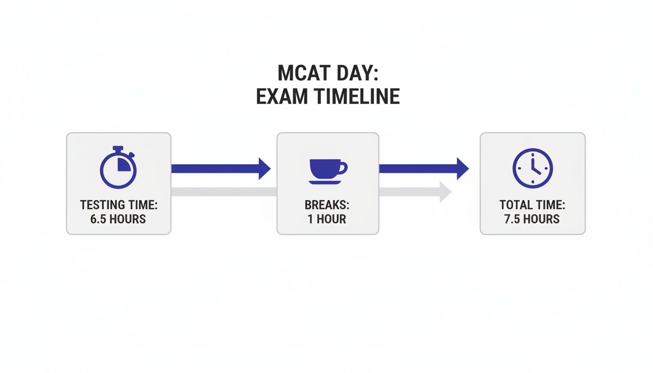 MCAT exam timeline flowchart showing 6.5 hours testing, 1 hour breaks, and 7.5 hours total.