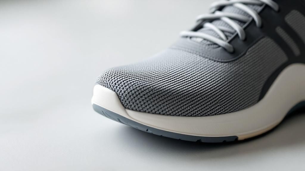 Close-up of a gray textured sneaker with white sole and laces on a light background. The mood is clean and minimalist.