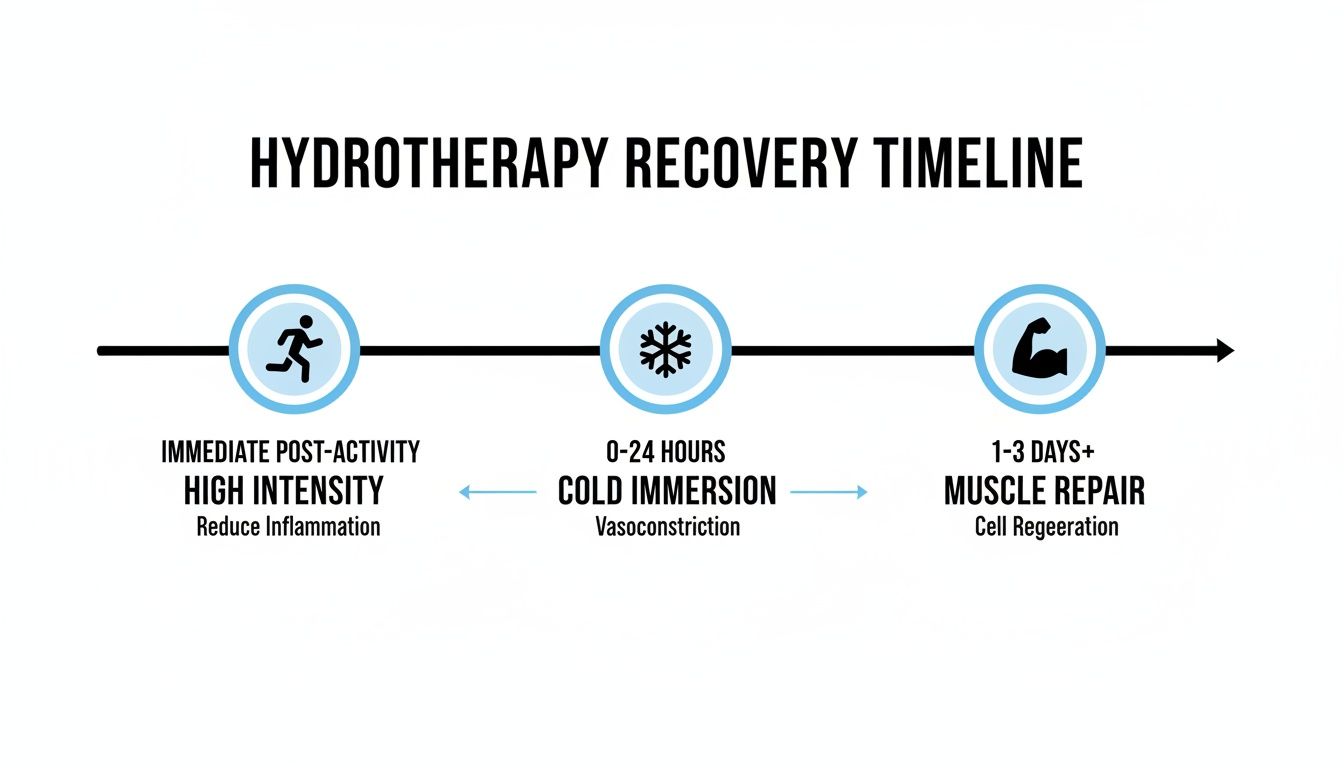 Timeline illustrates hydrotherapy recovery stages: immediate post-activity, cold immersion for vasoconstriction, and muscle repair.