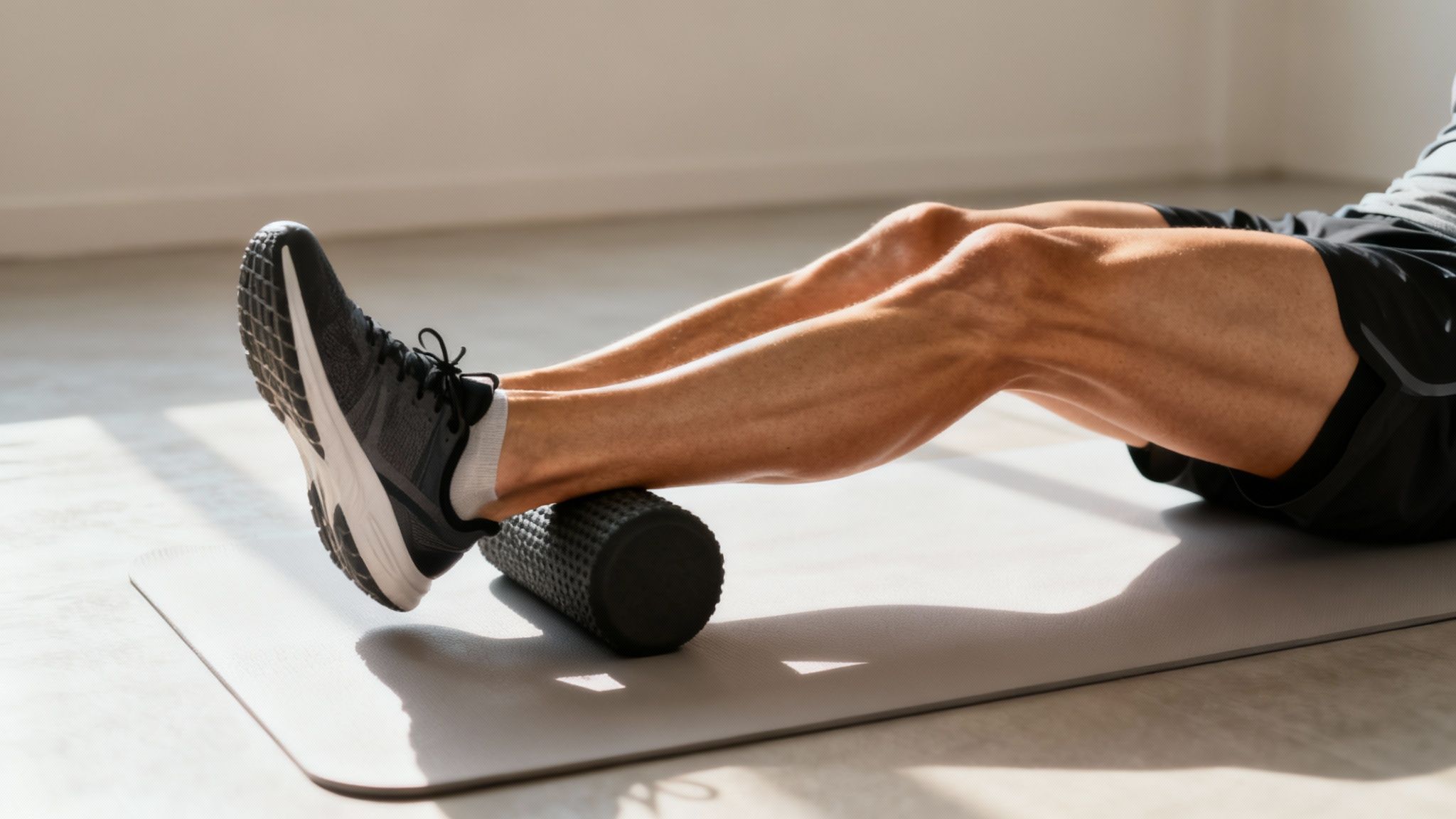 Person using a black foam roller on calves while lying on a yoga mat. Wearing black shorts and gray running shoes in a bright room.