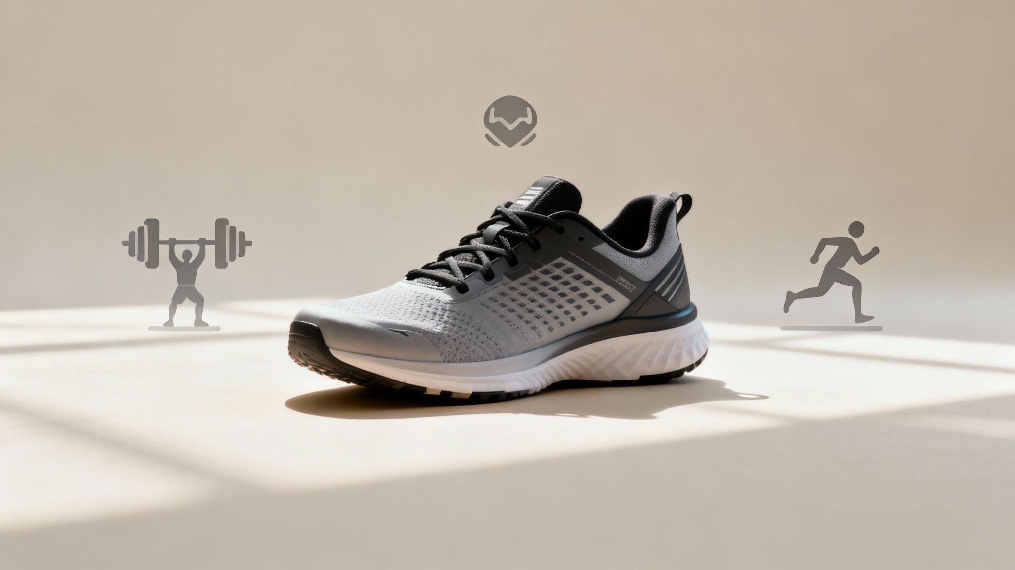Gray and black running shoe on a sunlit floor, surrounded by icons of a weightlifter and a runner. Sporty and dynamic mood.