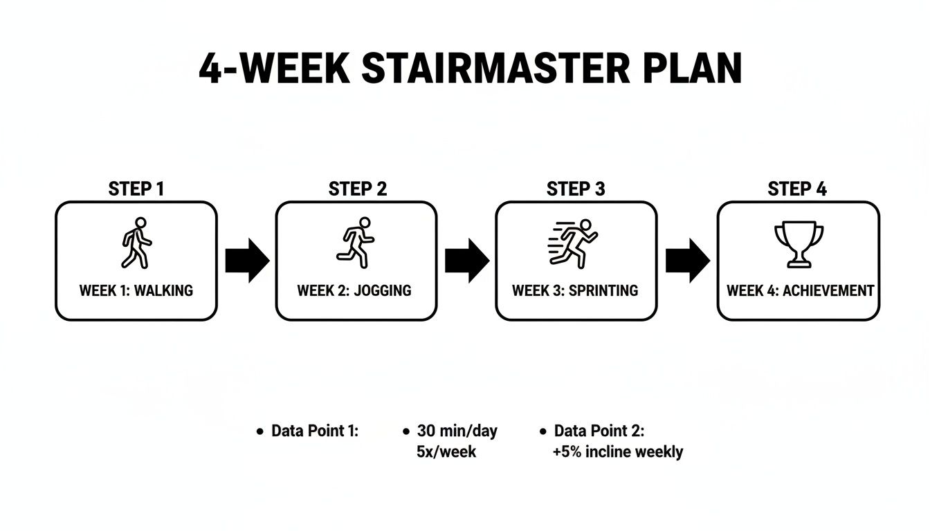 A 4-week stairmaster workout plan infographic, progressing from walking to jogging, sprinting, and achievement.