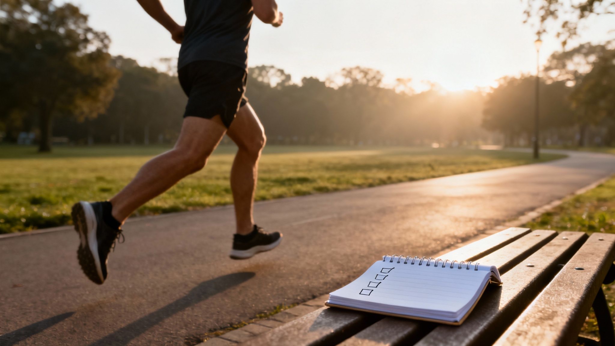 A runner stretching their leg against a city railing during a morning run