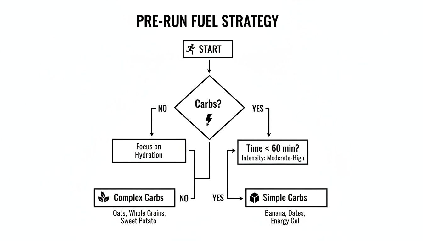 Flowchart illustrating a pre-run fuel strategy, guiding decisions based on carb needs, run time, and intensity.