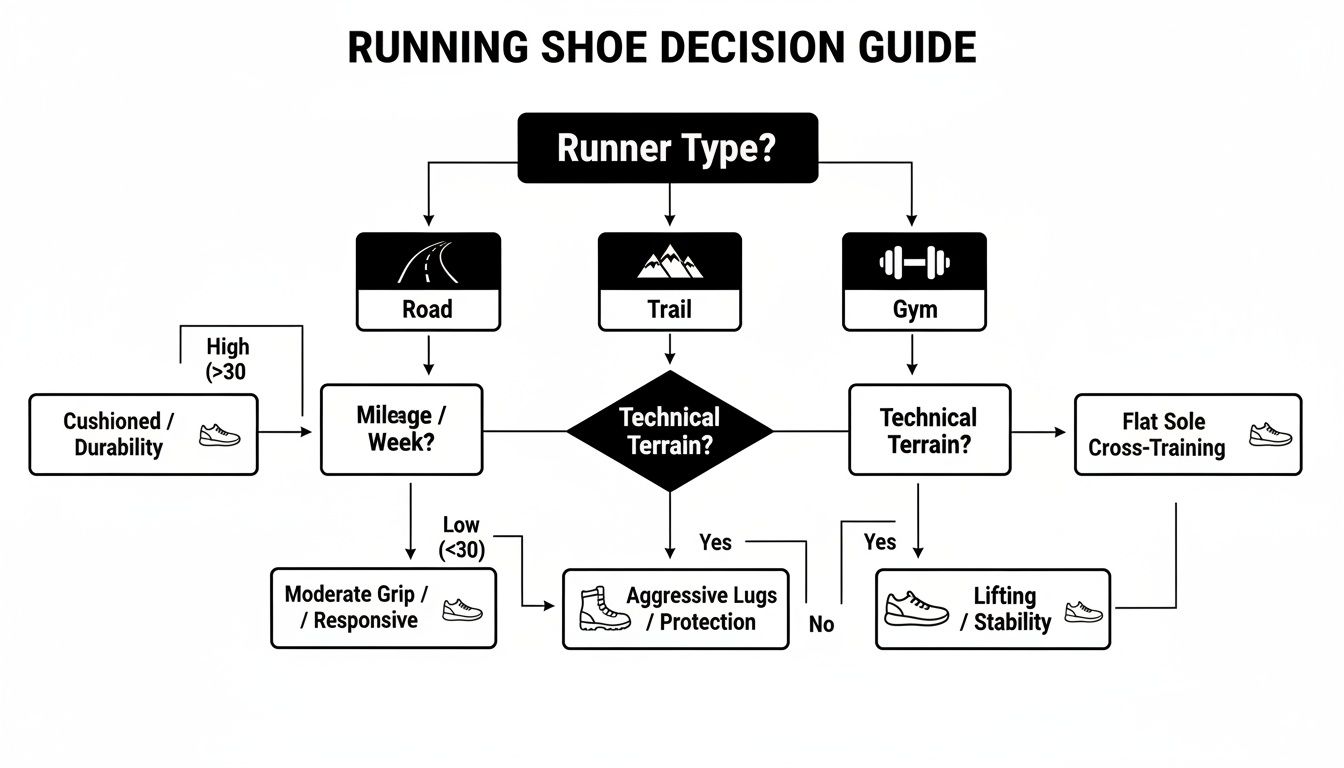 A running shoe decision guide flowchart helps runners choose shoes based on type, mileage, and terrain.