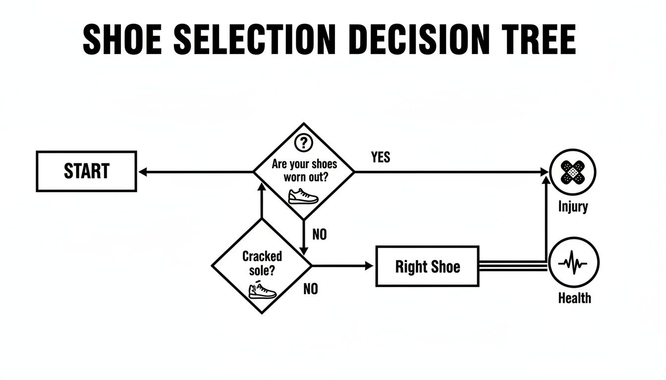 A shoe selection decision tree flowchart showing when to replace worn out shoes to avoid injury.