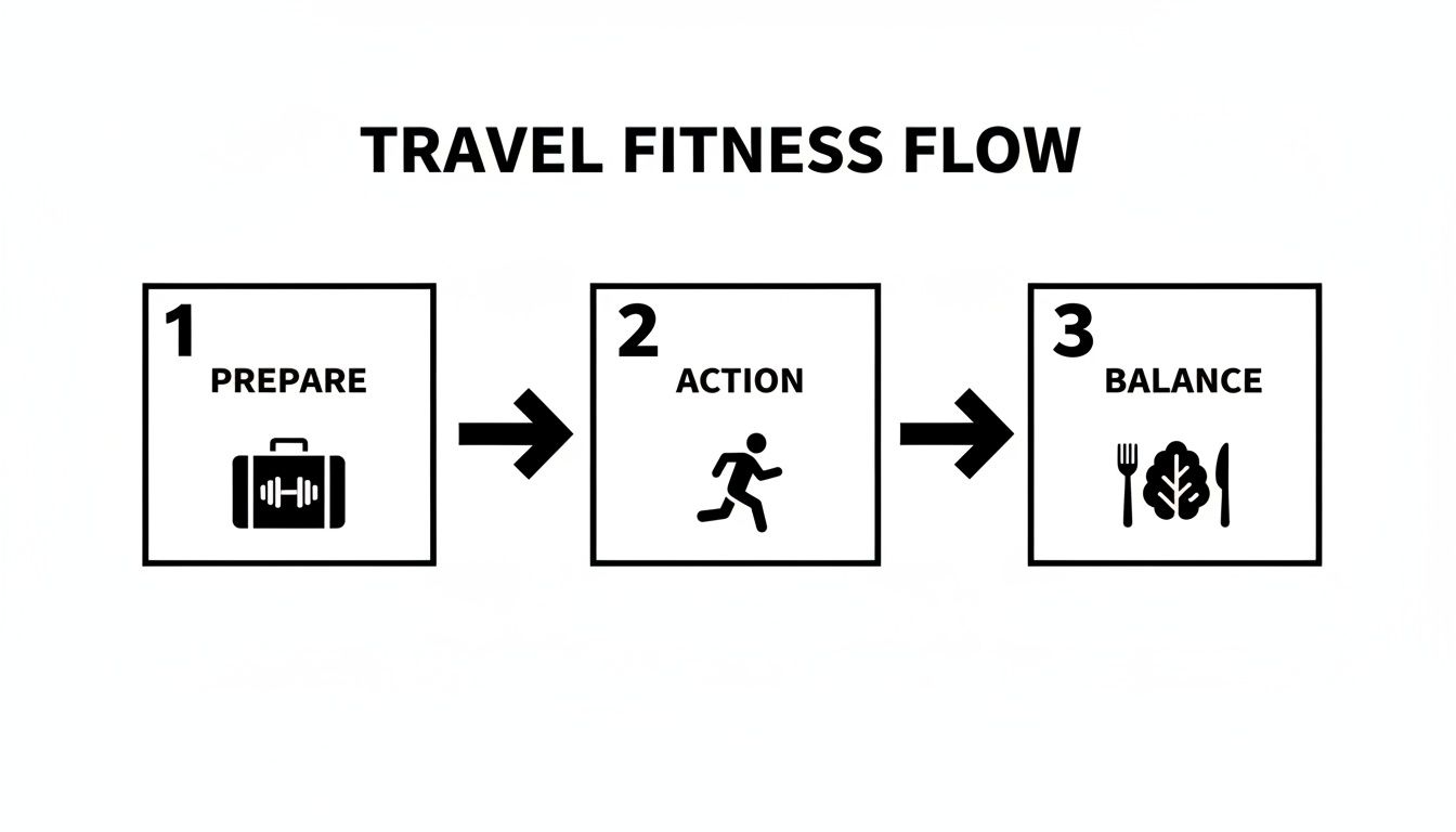 Flowchart showing three steps for travel fitness: Prepare, Action, and Balance with icons.