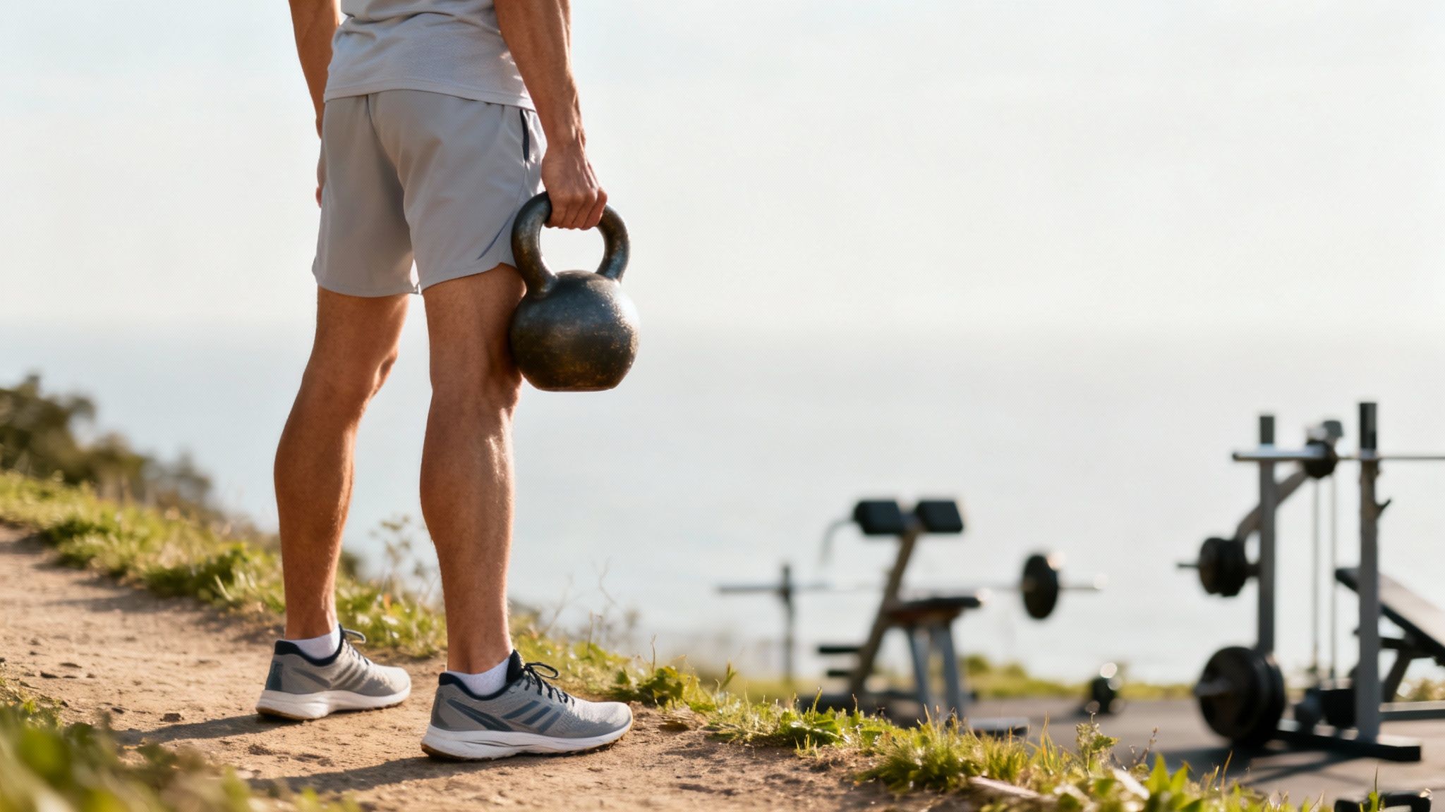 A female runner performing a lunge with dumbbells in a gym setting.