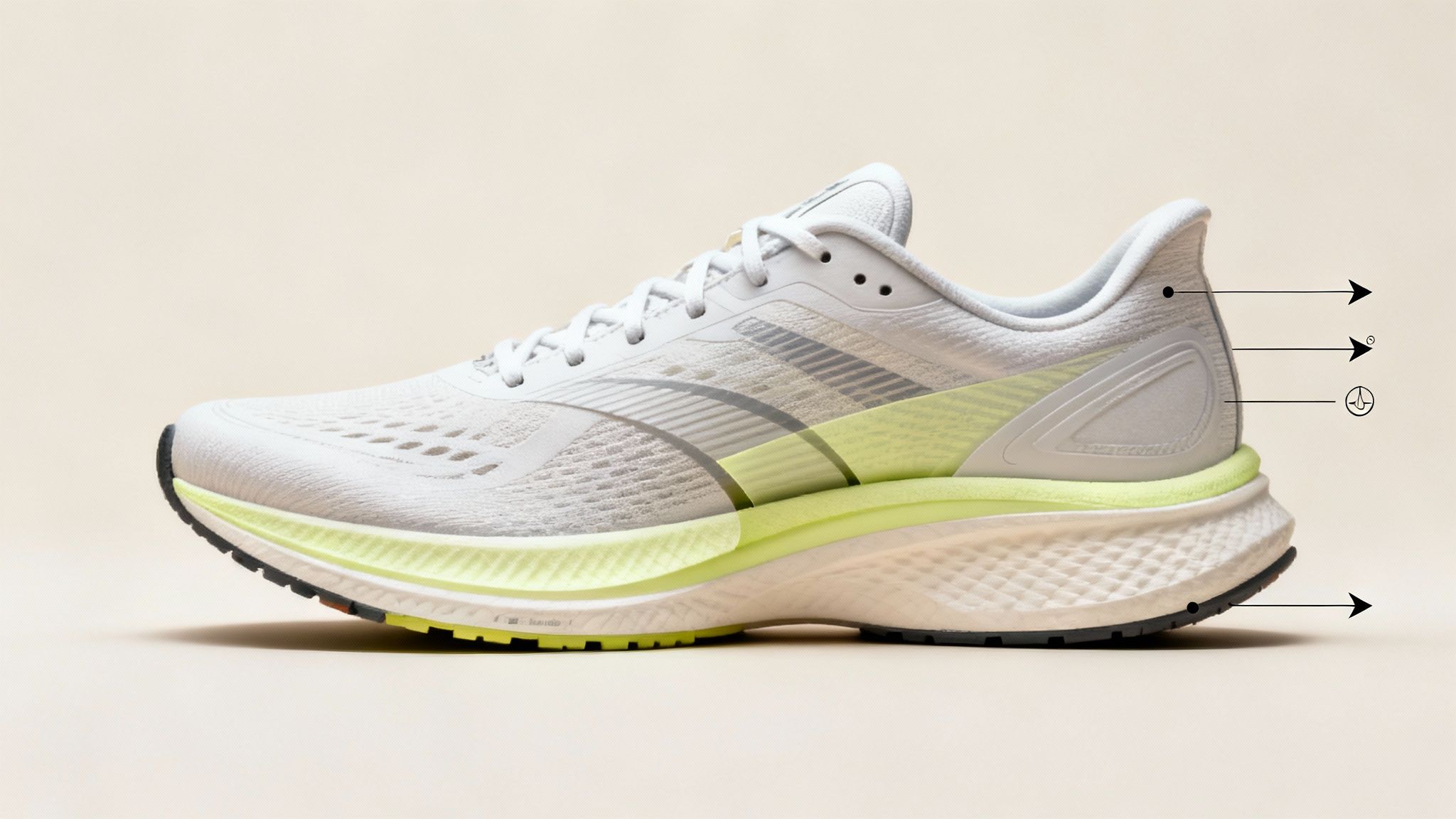 Anatomy of a running shoe with labels for upper, midsole, and outsole.