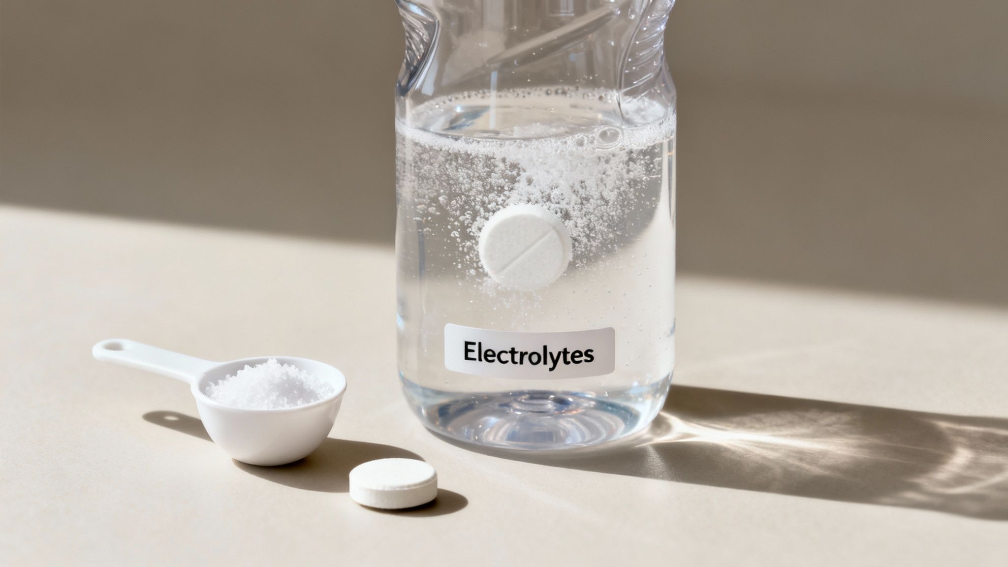 A white effervescent electrolyte tablet dissolving in a glass of water, with powder in a spoon.