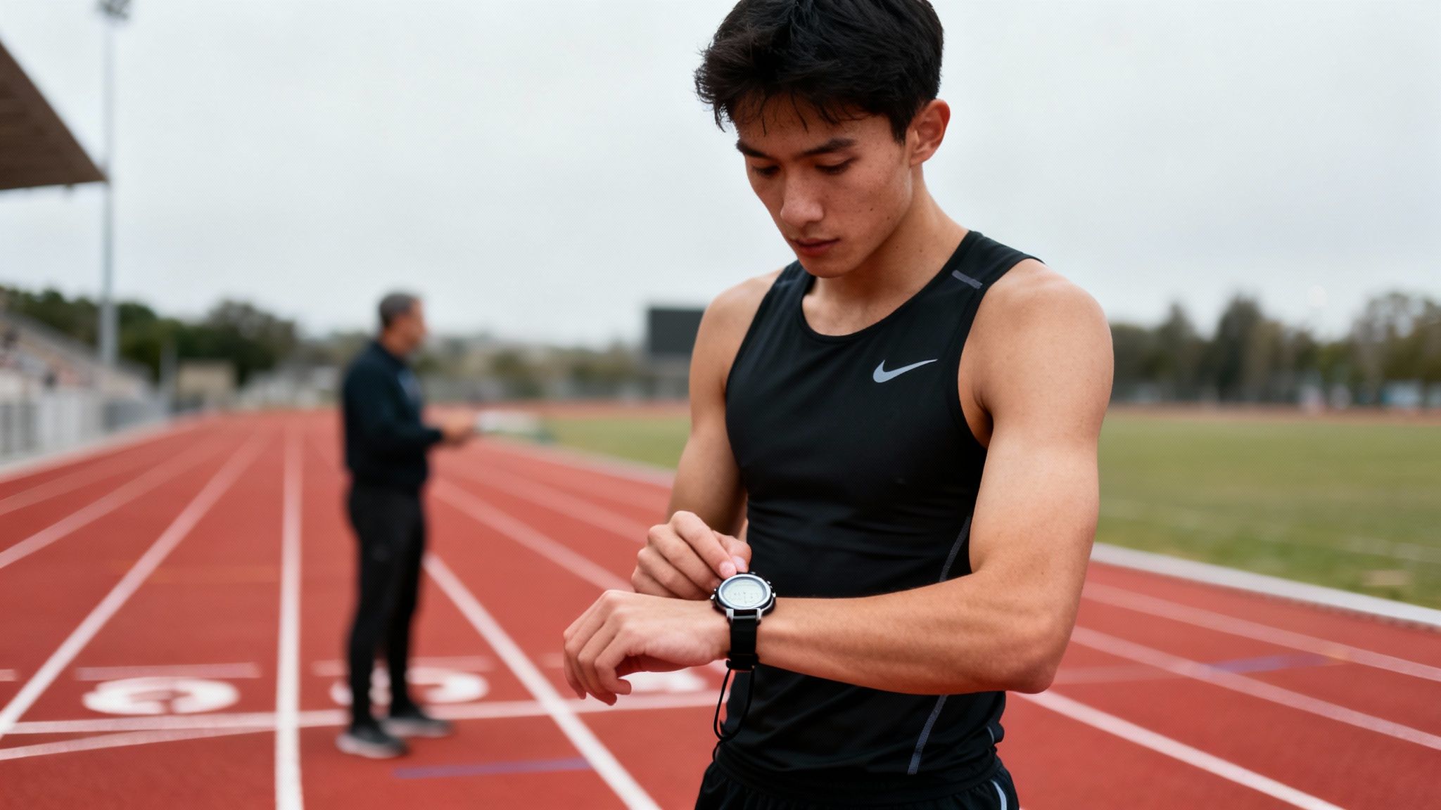 Young male athlete on a running track checking his smartwatch, with a coach in the background.