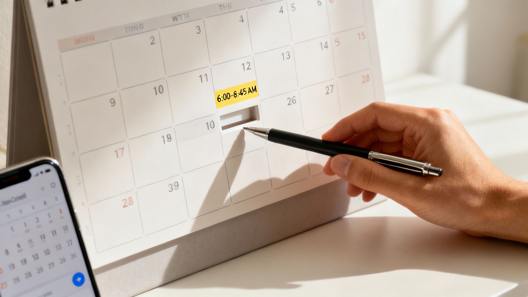 Hand points at desktop calendar with a pen, highlighting "6:00-8:45 AM" on a yellow sticker. Smartphone shows digital calendar. Bright setting.