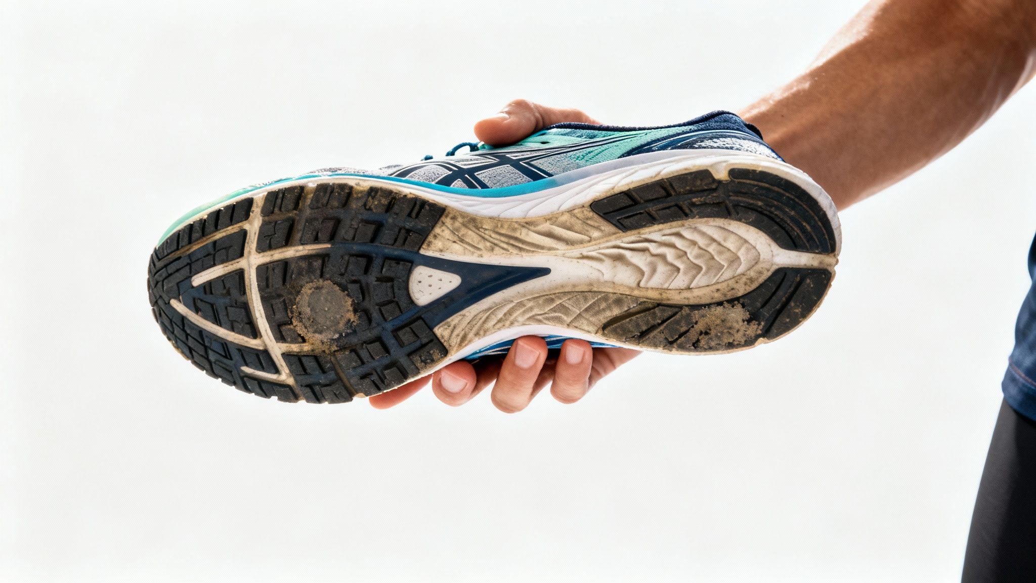 Close-up of a hand holding a sneaker, showing the worn sole with dirt. The shoe is blue and black, set against a plain background.