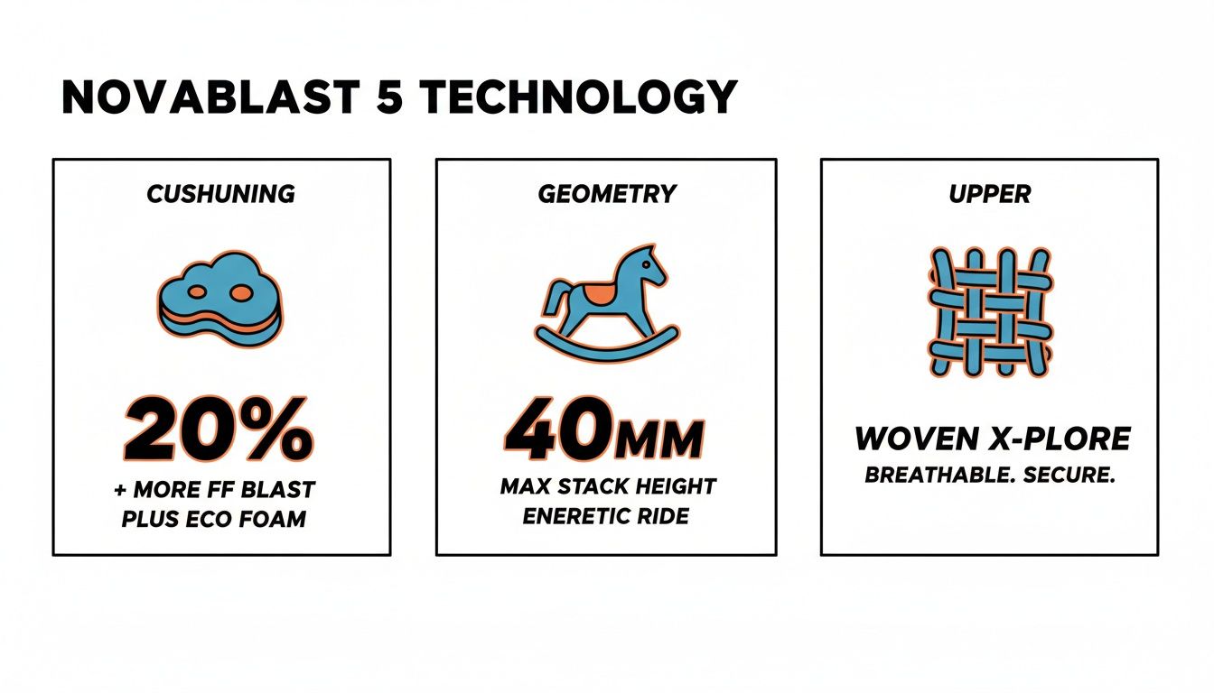 Asics Novablast 5 technology features: 20% more FF BLAST PLUS ECO foam, 40mm stack height, Woven X-Plore upper.
