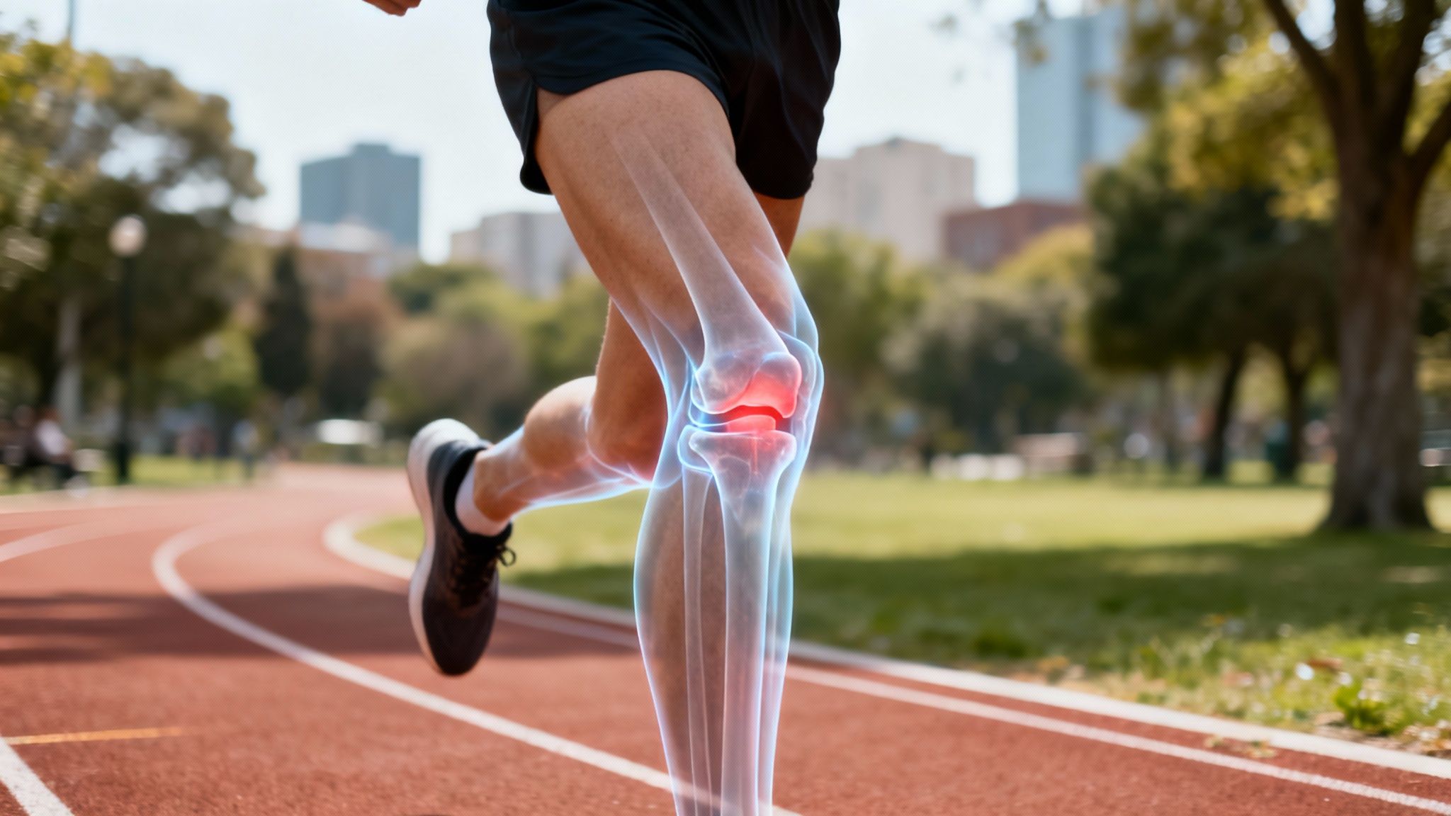 knee level picture of a runners knee while running track, showing X-ray vision of the inside bones