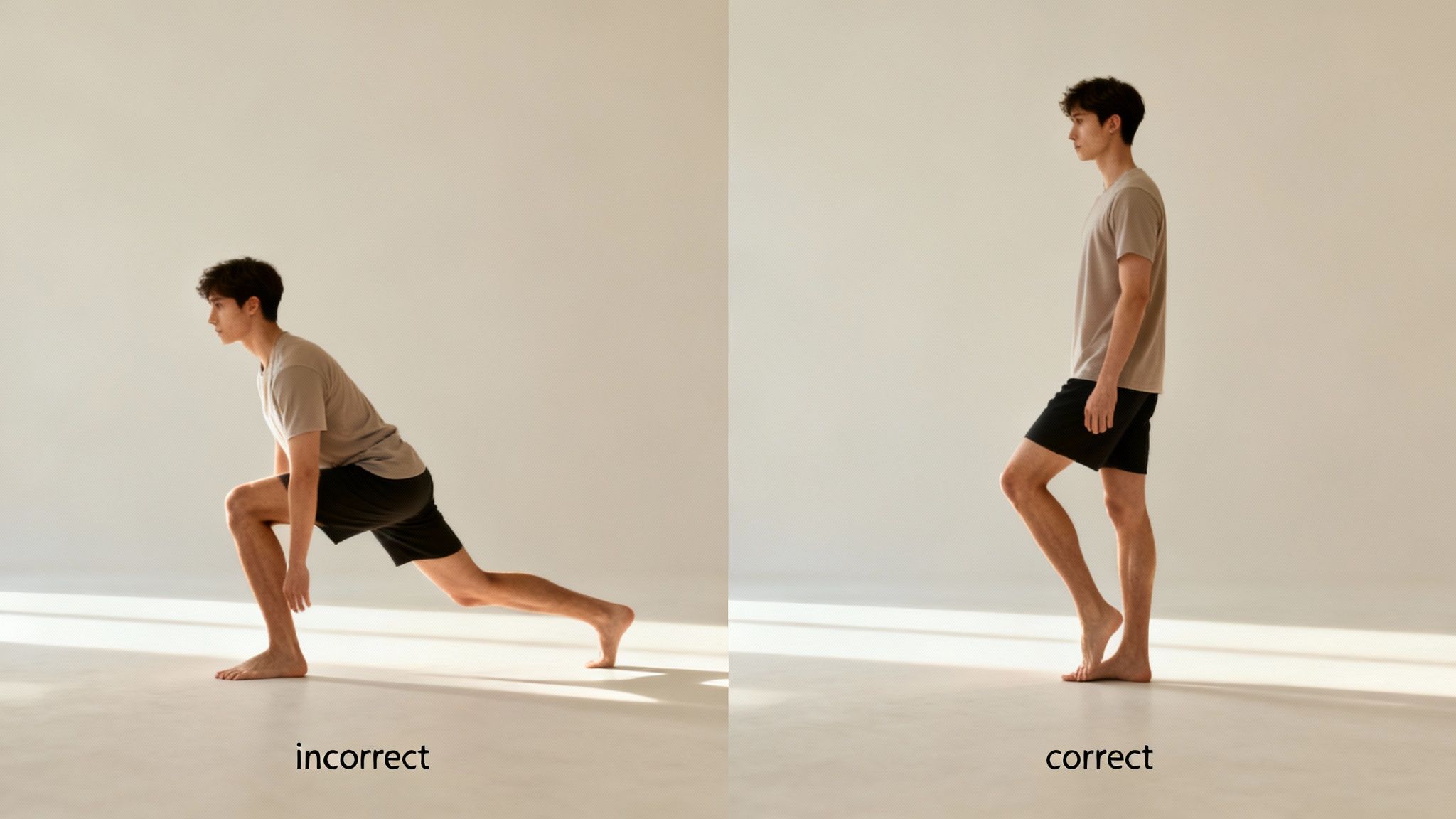 A man demonstrates incorrect and correct reverse lunge form side-by-side for exercise technique.