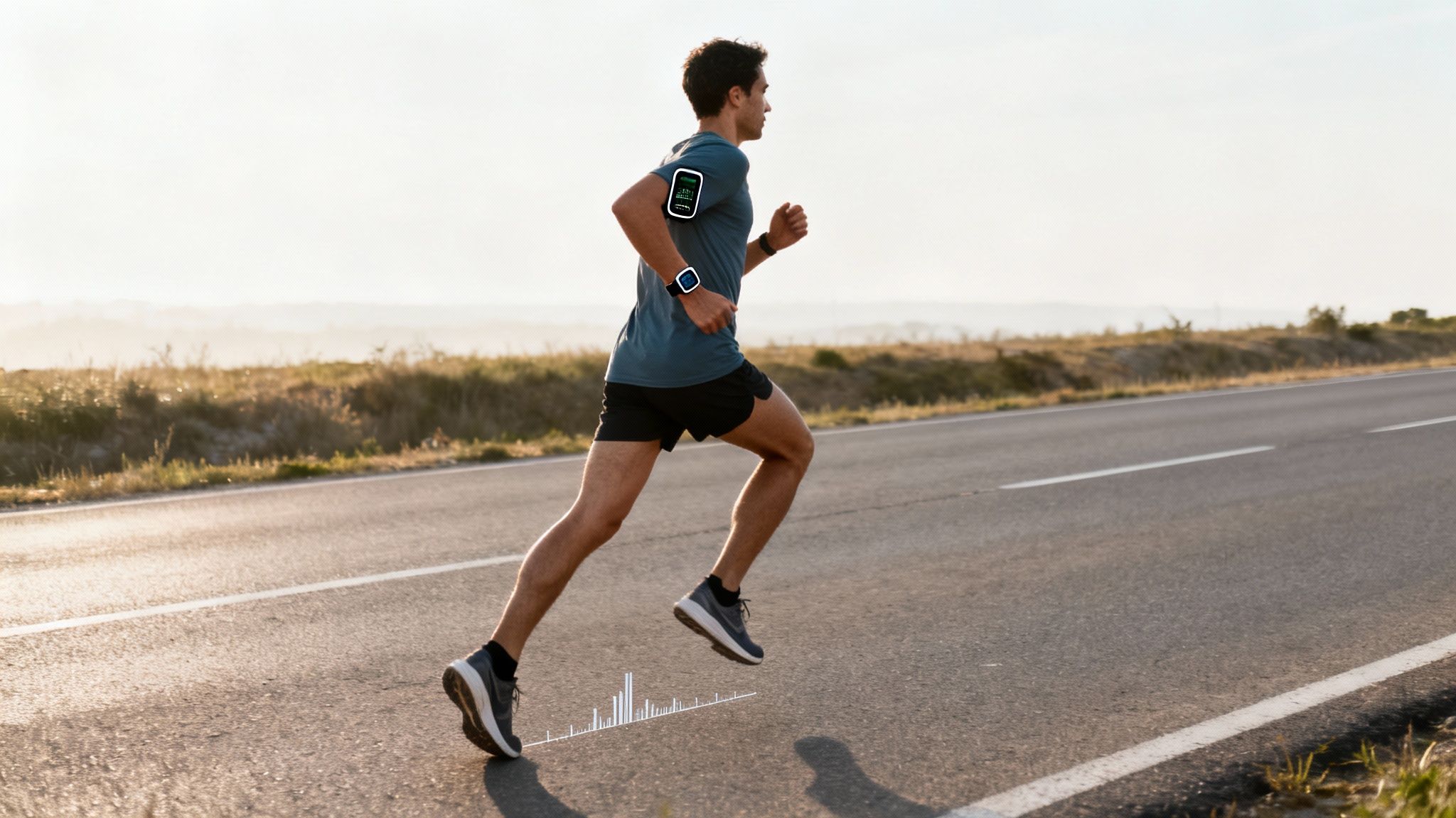 A runner demonstrating proper running form and efficiency on a city street.