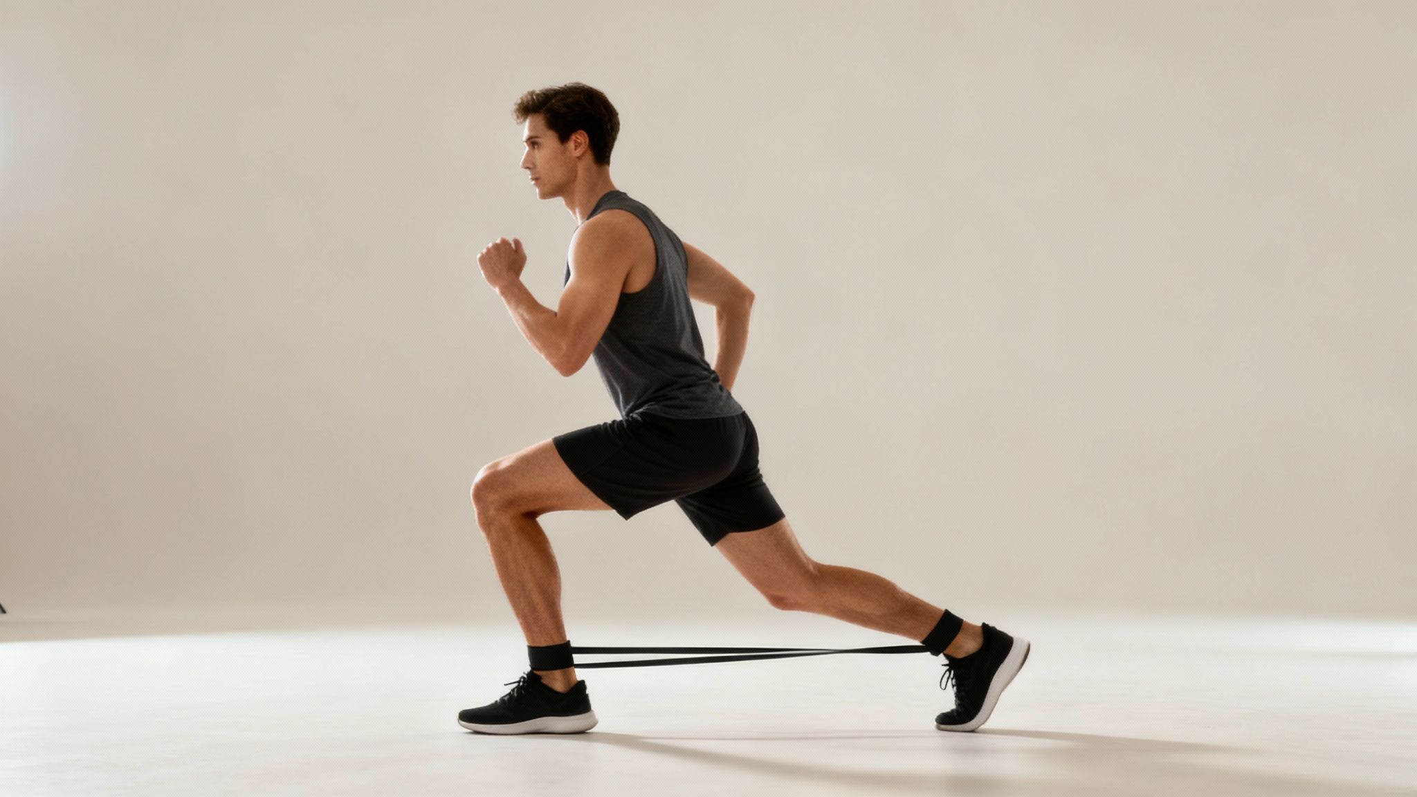 Man exercises with resistance band, doing lunges in a minimal beige space. Wears black athletic gear, focused expression.