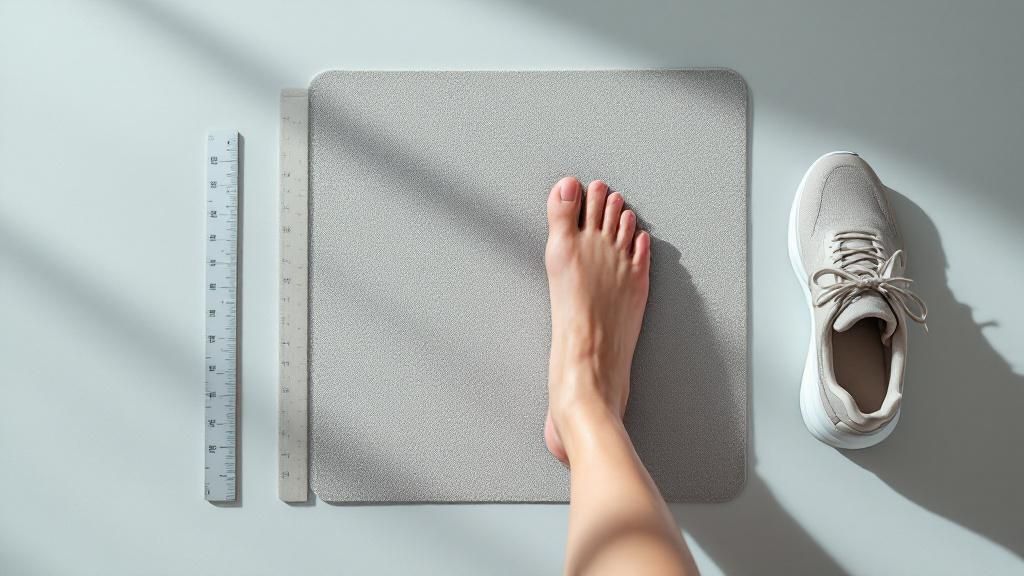 Bare foot on a gray mat with a shoe beside it, and a ruler on the left against a light background. Shadows fall across the scene.