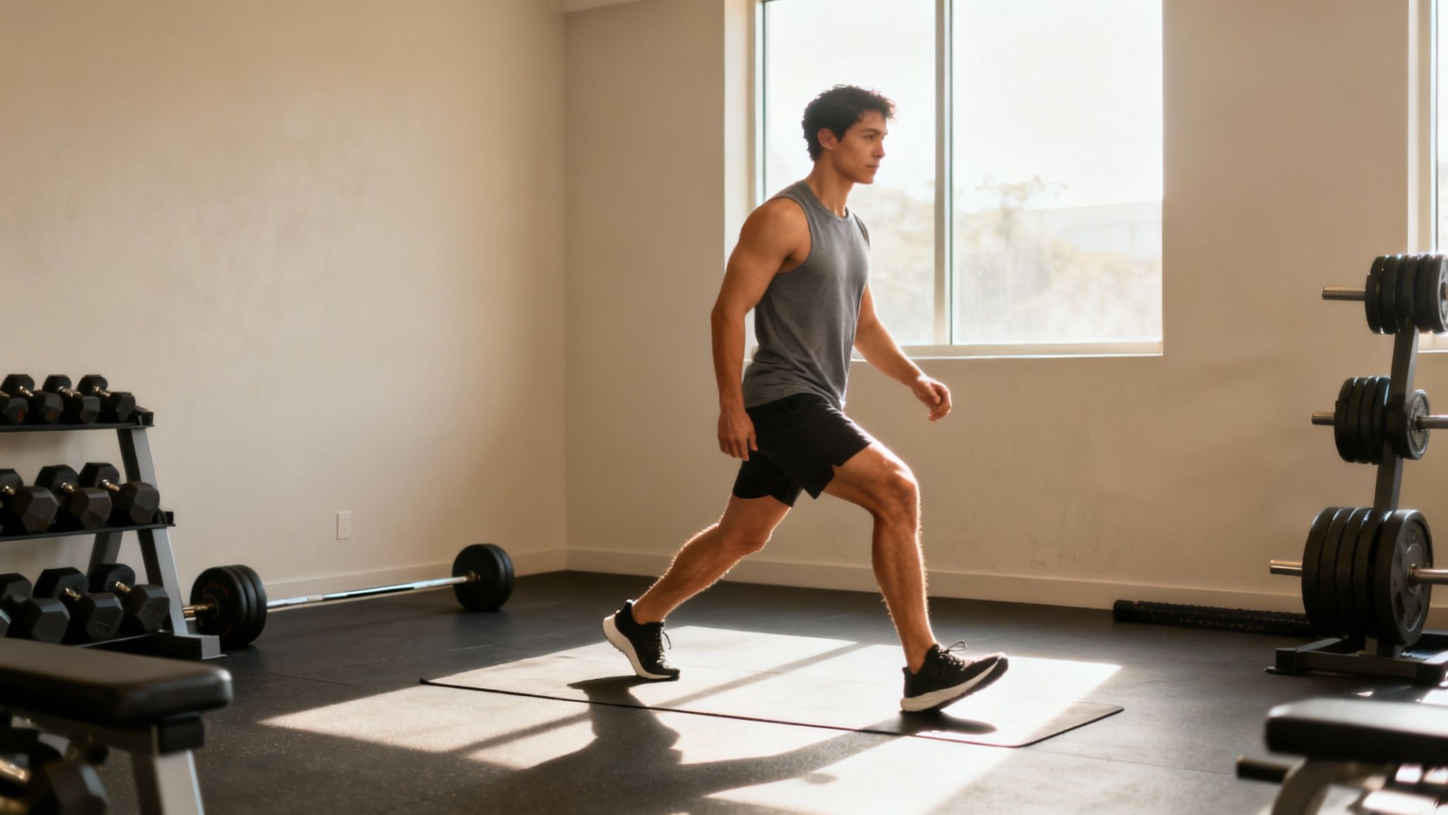 A young man is exercising, doing lunges in a modern gym with natural light.