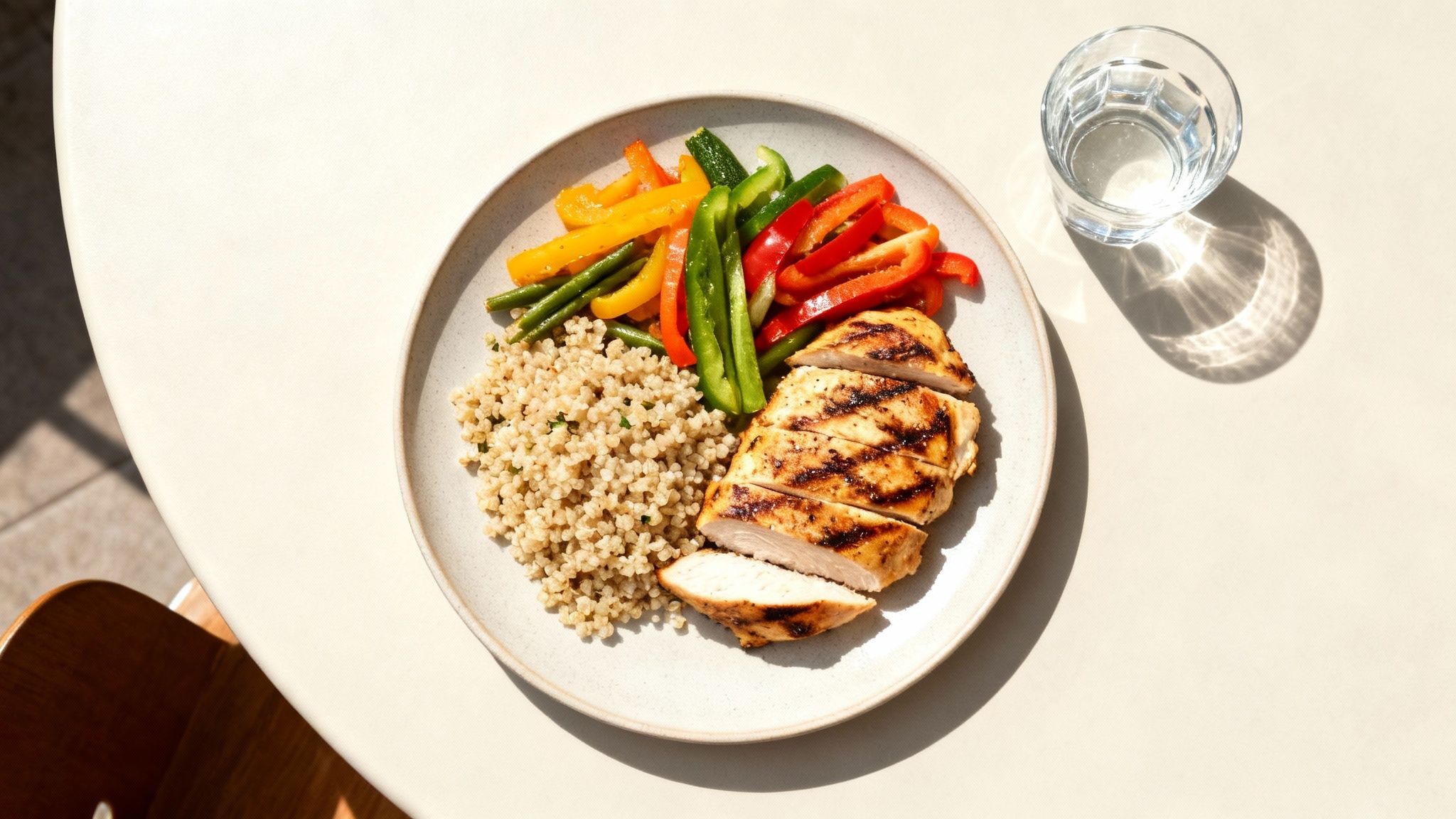 A healthy meal with grilled chicken, quinoa, colorful bell peppers, green beans, and water.