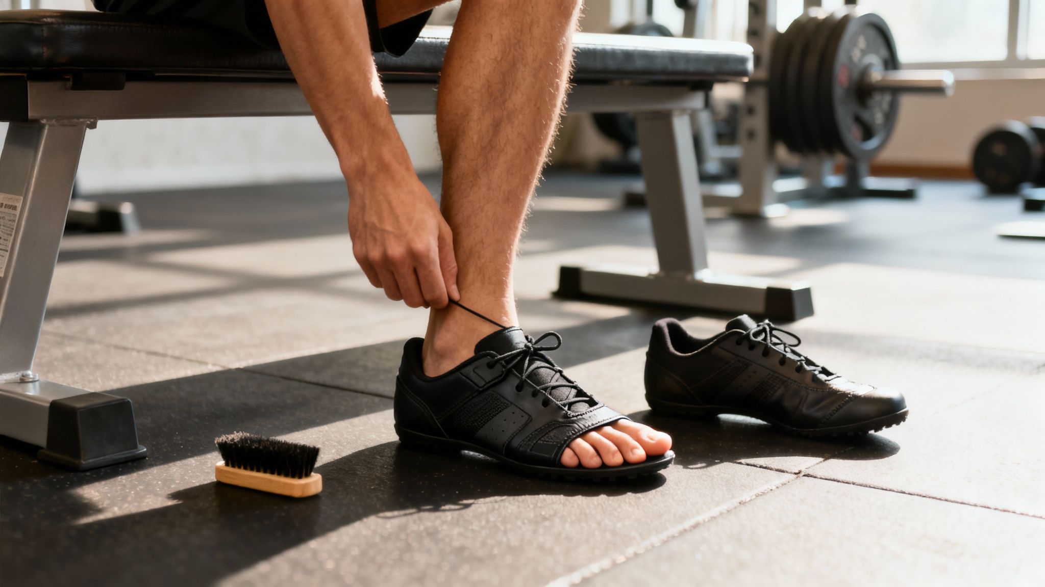 Man tying laces of a black, open-toe training shoe in a gym, with a brush nearby.