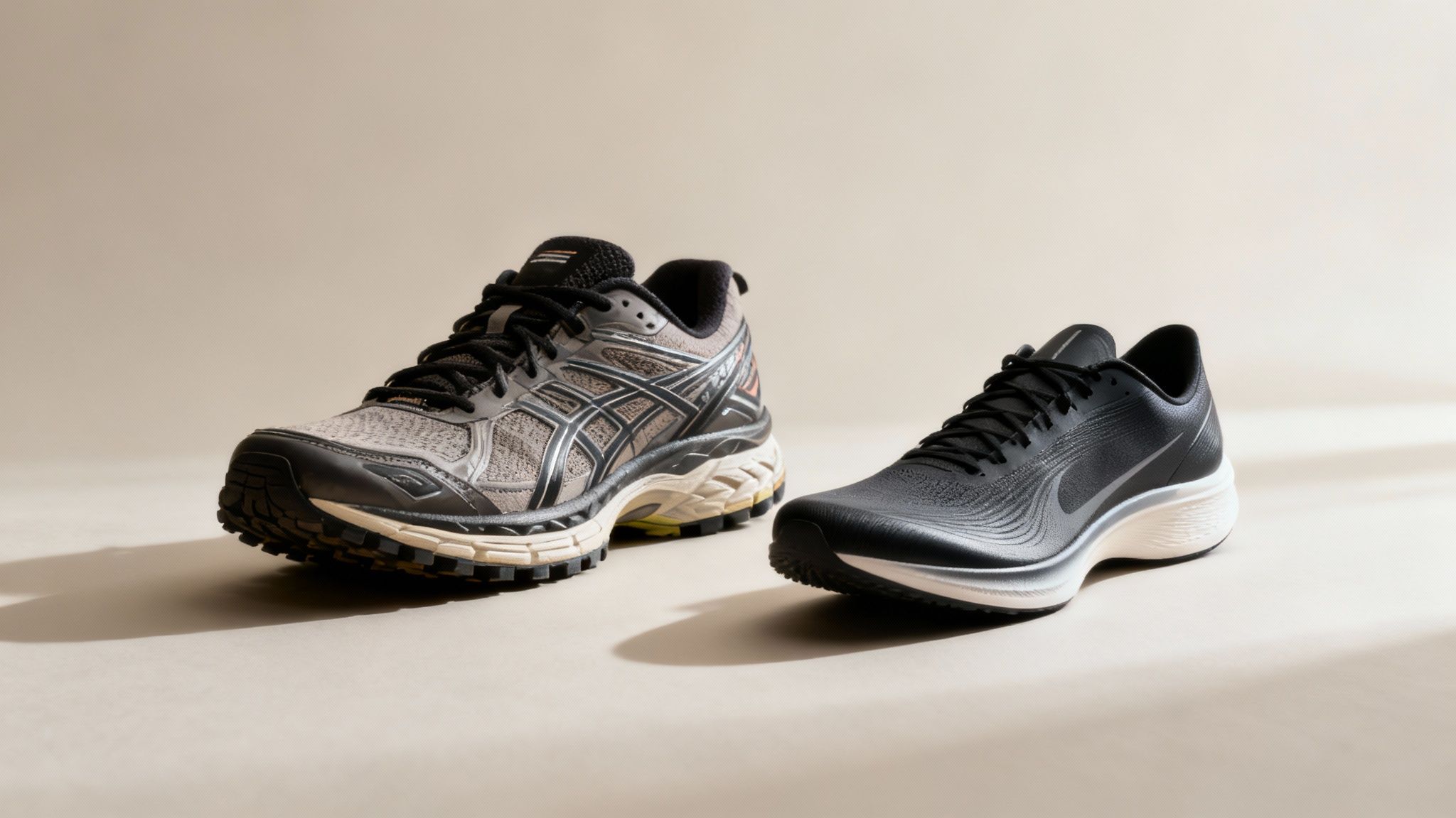 A gray trail running shoe and a black road running shoe on a light beige background, casting soft shadows.