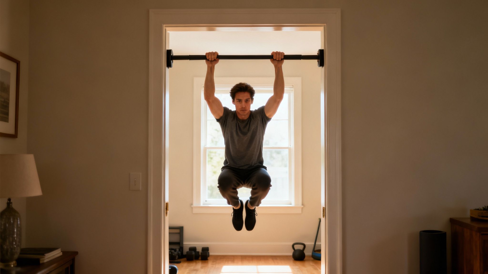 Young man in grey shirt doing a dead hang on a doorway pull-up bar.