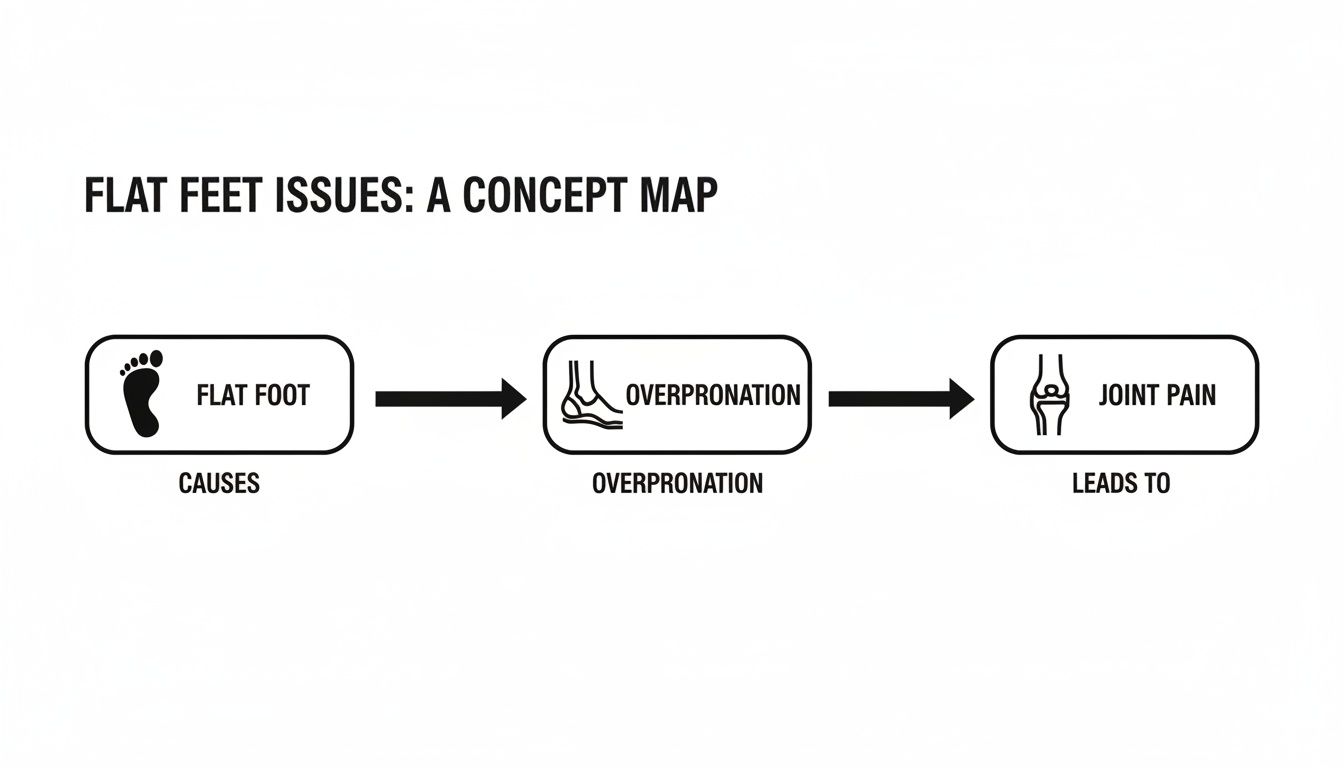 Concept map illustrating how flat feet lead to overpronation and subsequently joint pain.