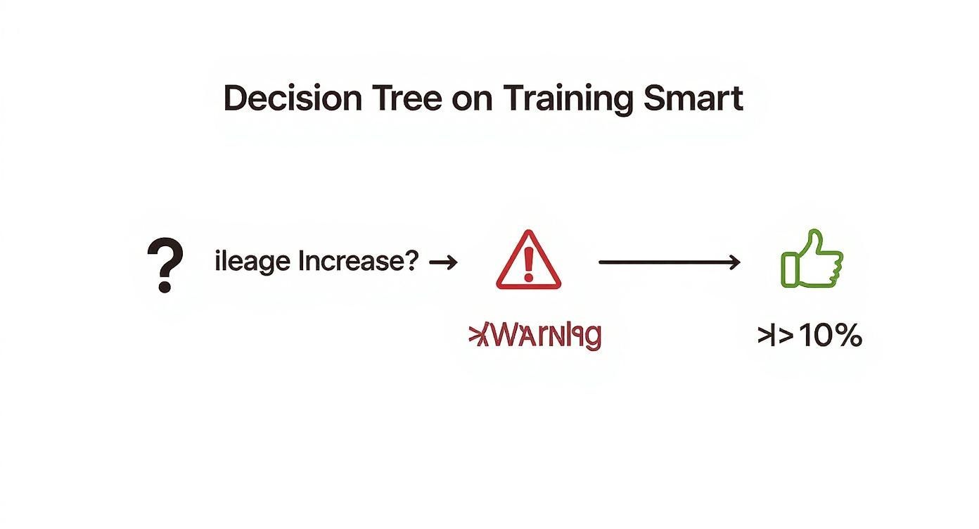 Infographic showing a decision tree for smart training mileage increases to prevent shin splints.