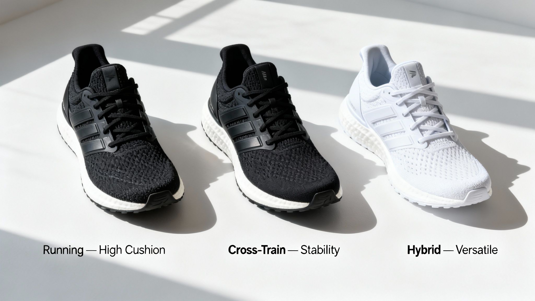 Three athletic shoes: black running, black cross-training, and white hybrid shoes displayed.