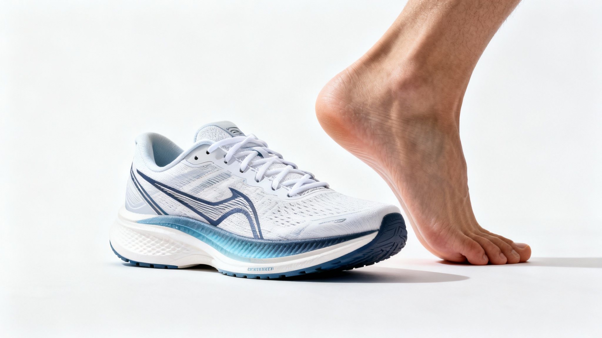 Bare foot beside a white and blue running shoe on a white background. The shoe features a sleek design with a wavy logo.