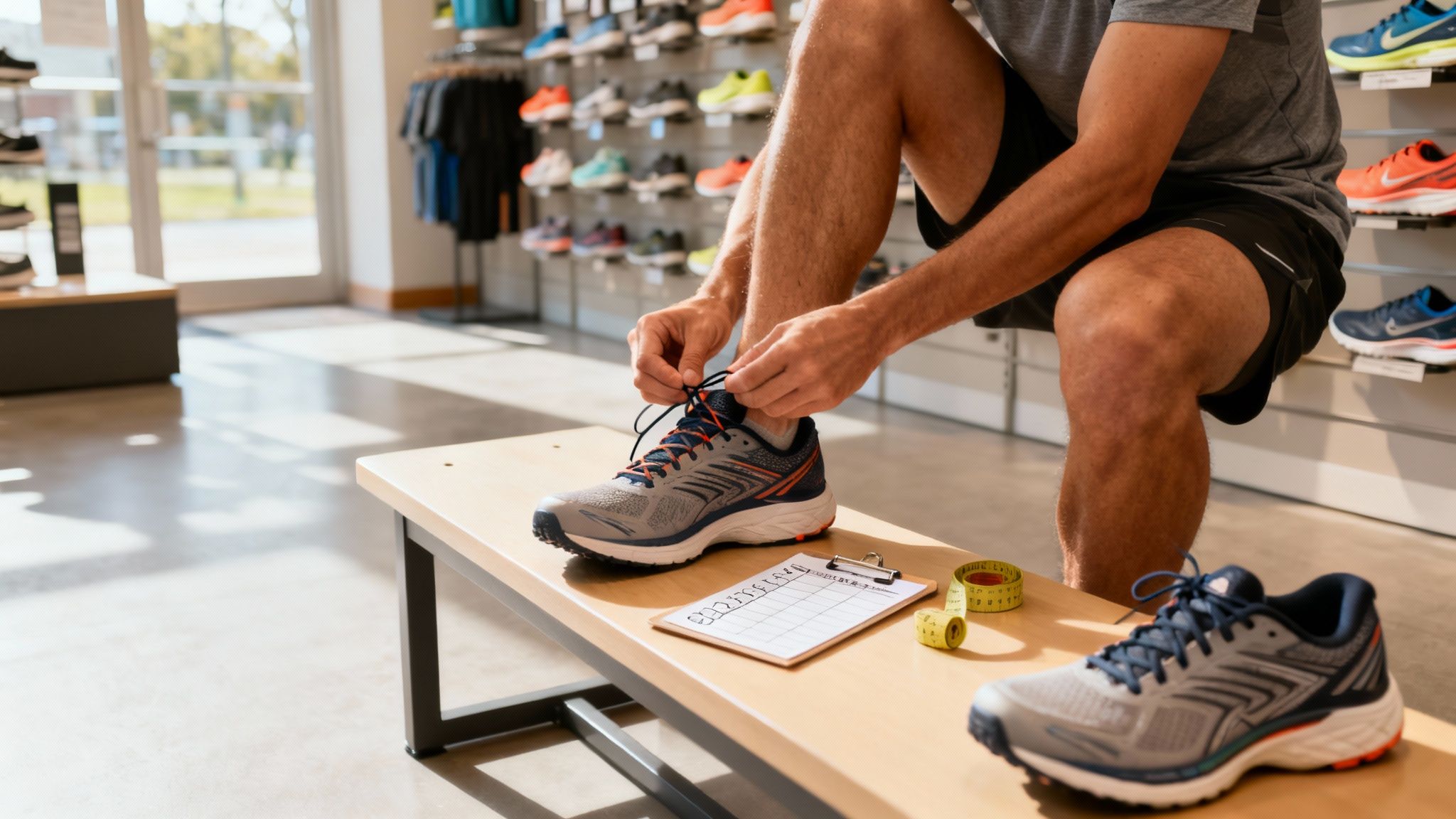 Man tying shoelaces on gray sneakers in a shoe store. Shelves of colorful shoes in the background. Measuring tape and clipboard nearby.