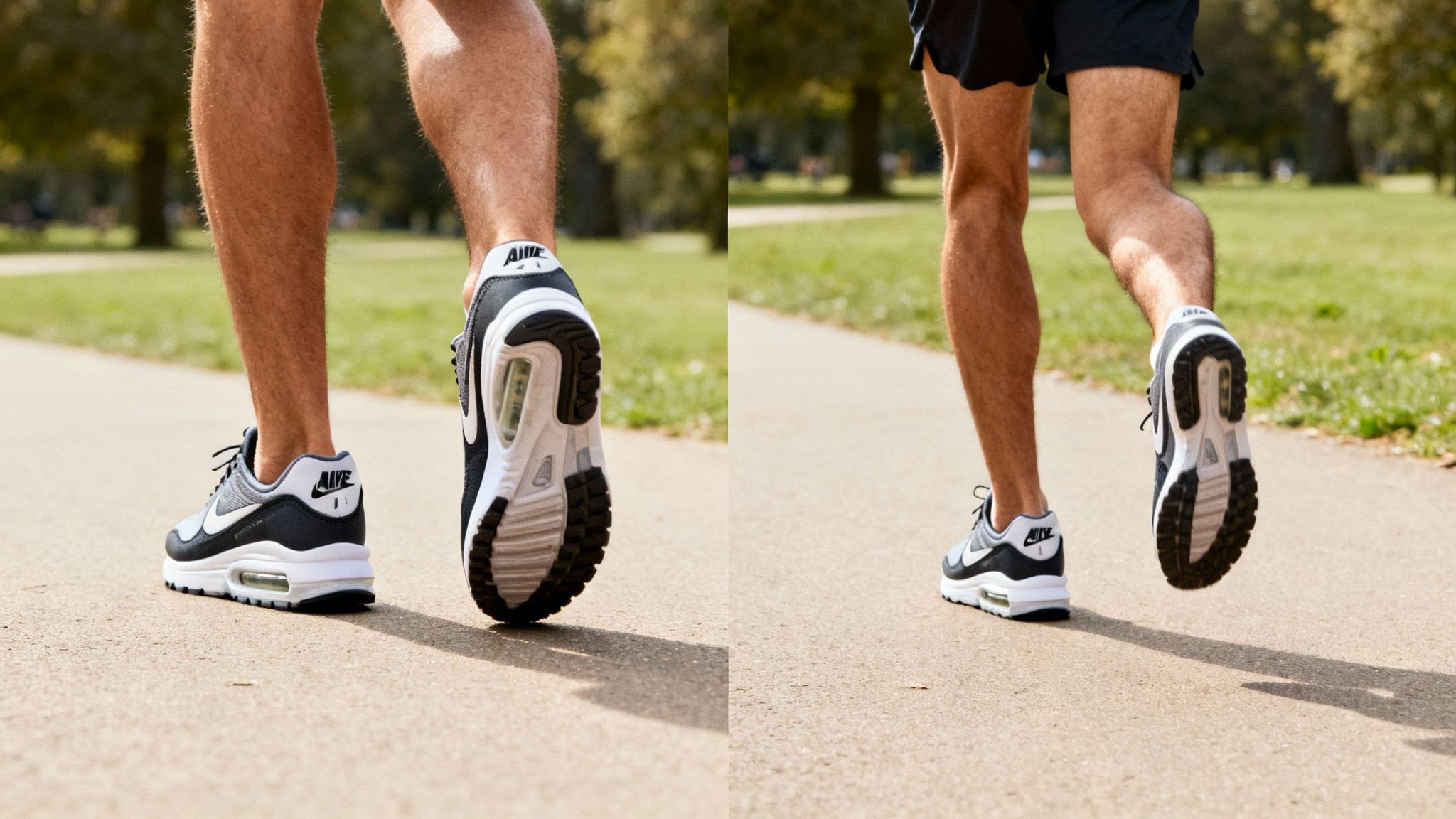 Runner in black shorts and Nike shoes jogging on a park path surrounded by greenery. Sunny weather creates a lively atmosphere.