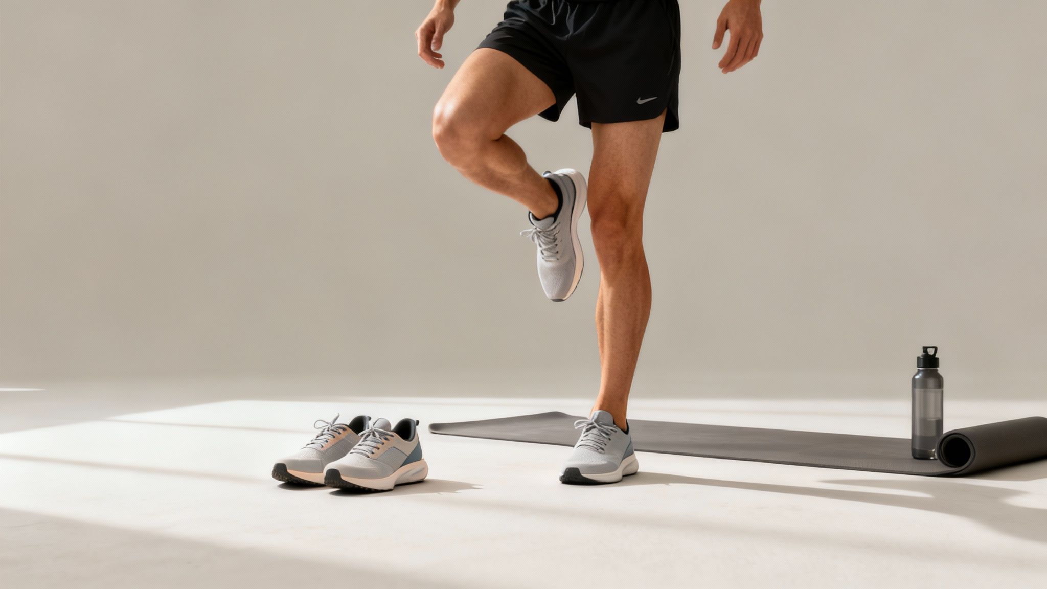 Person in black shorts stretches on a mat, with a water bottle nearby. Pair of gray sneakers on the floor. Bright, minimal space.