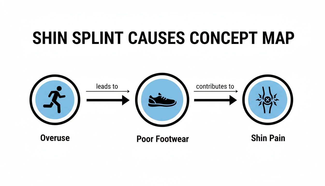 A concept map illustrating shin splint causes: Overuse leads to Poor Footwear, contributing to Shin Pain.