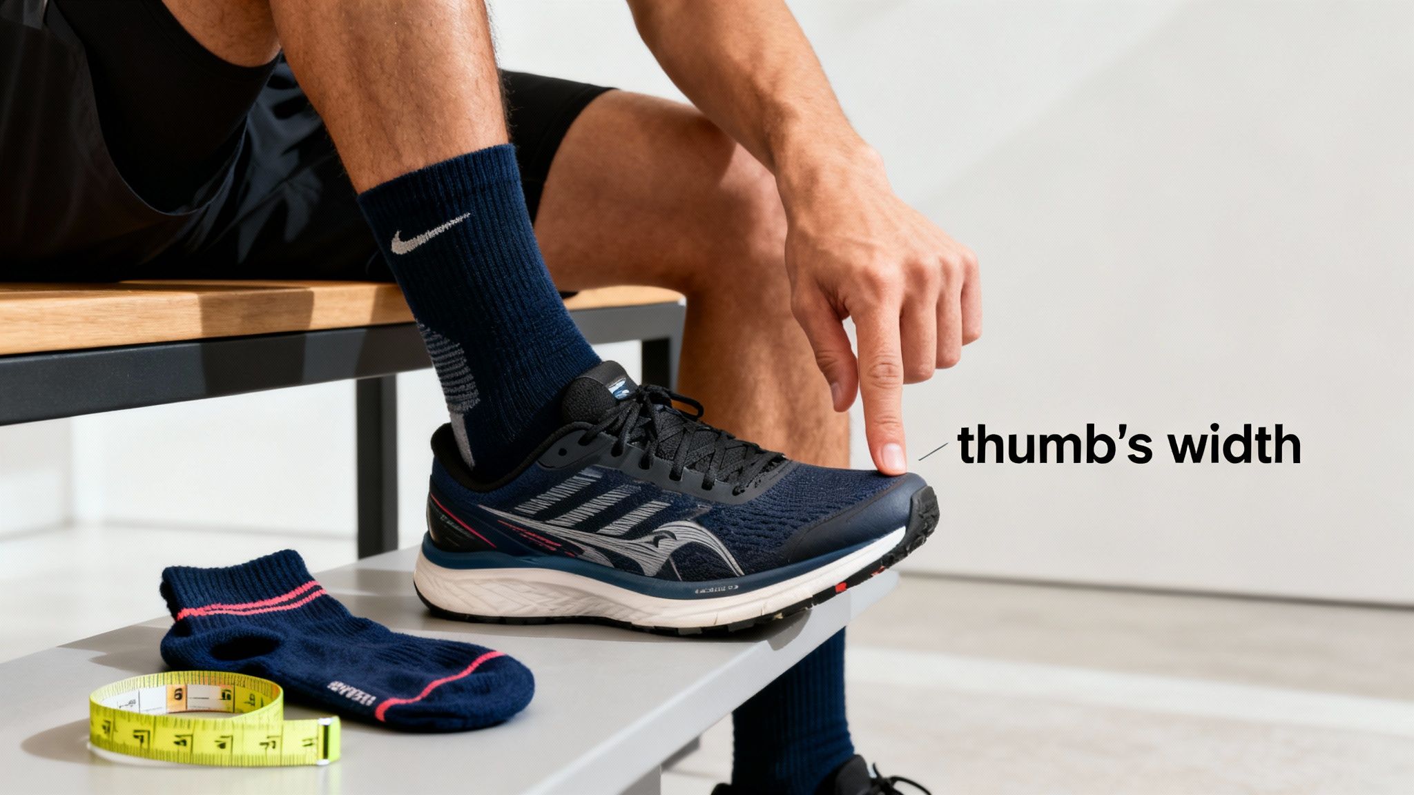 Person measuring thumb's width between toe and shoe tip. Navy socks, blue running shoes, and ruler on nearby bench. "Thumb's width" text.