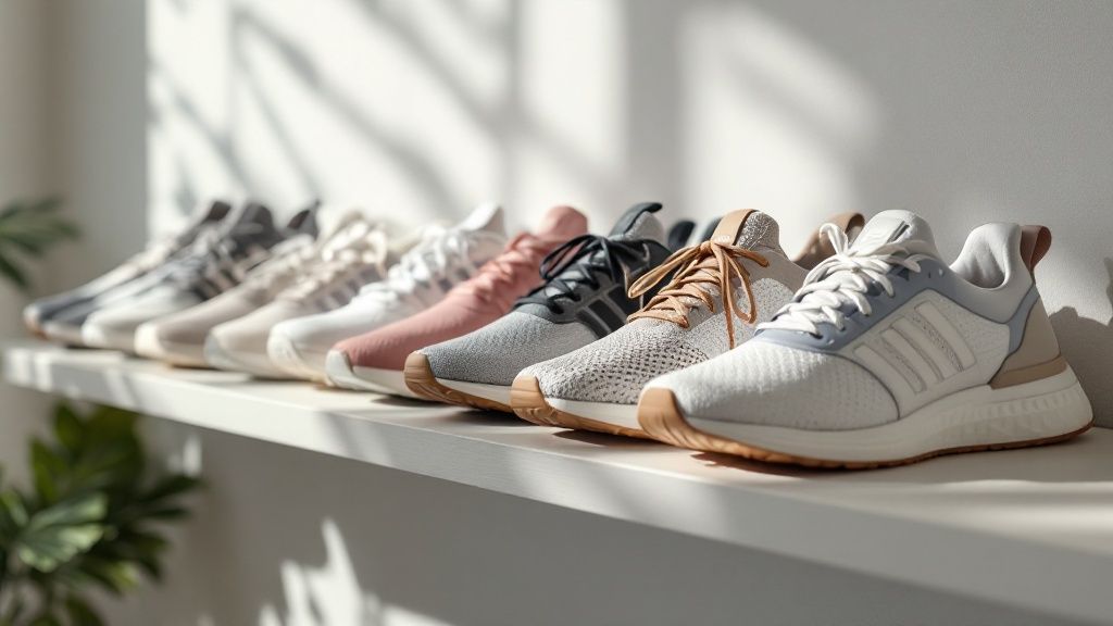 A row of colorful sneakers on a sunlit white shelf, with shadows and green plants in the background, creating a fresh, vibrant mood.