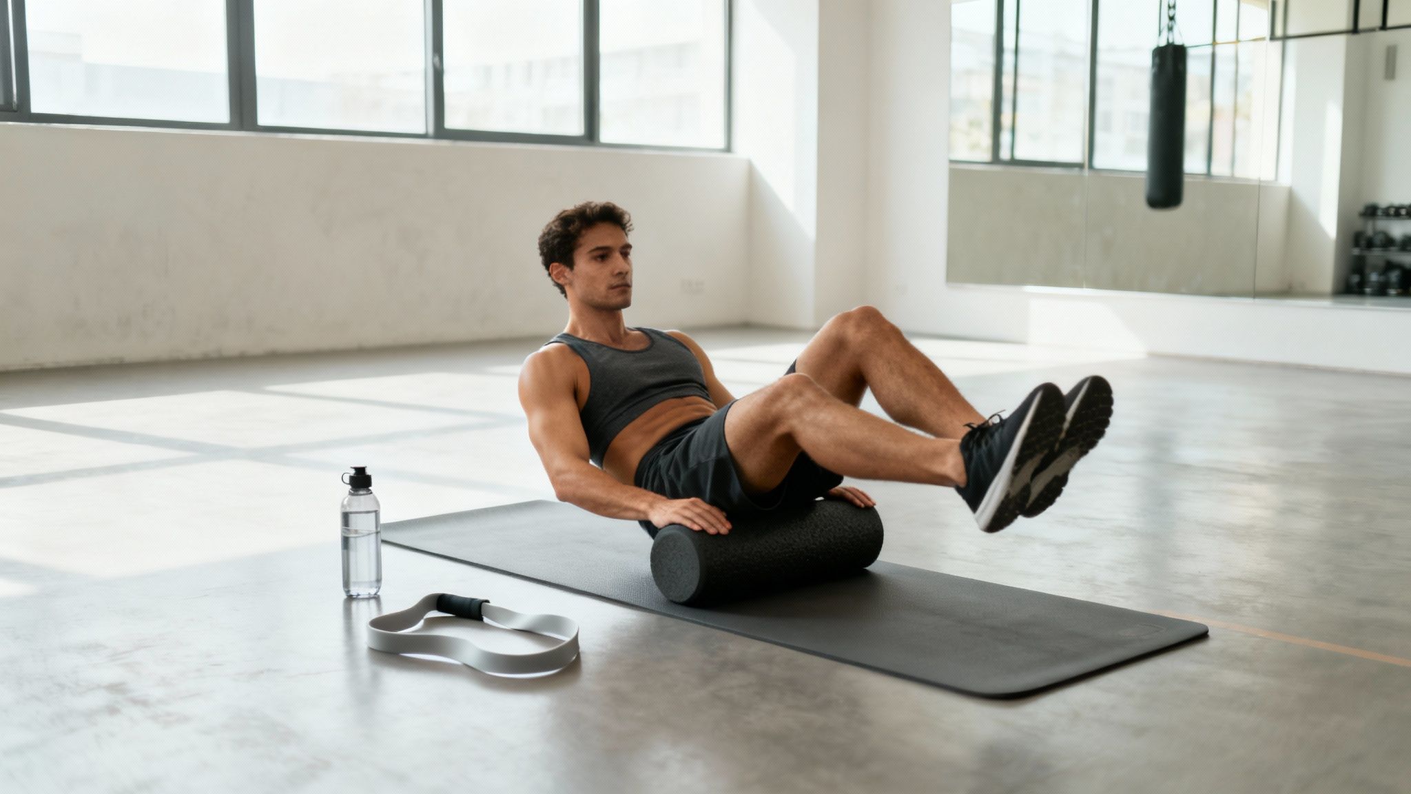 A man uses a foam roller on a yoga mat for muscle recovery in a bright gym.