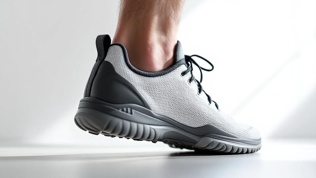 A person wears gray-white athletic shoes, stepping on a light surface. The shoes have black accents and a sleek, modern design.