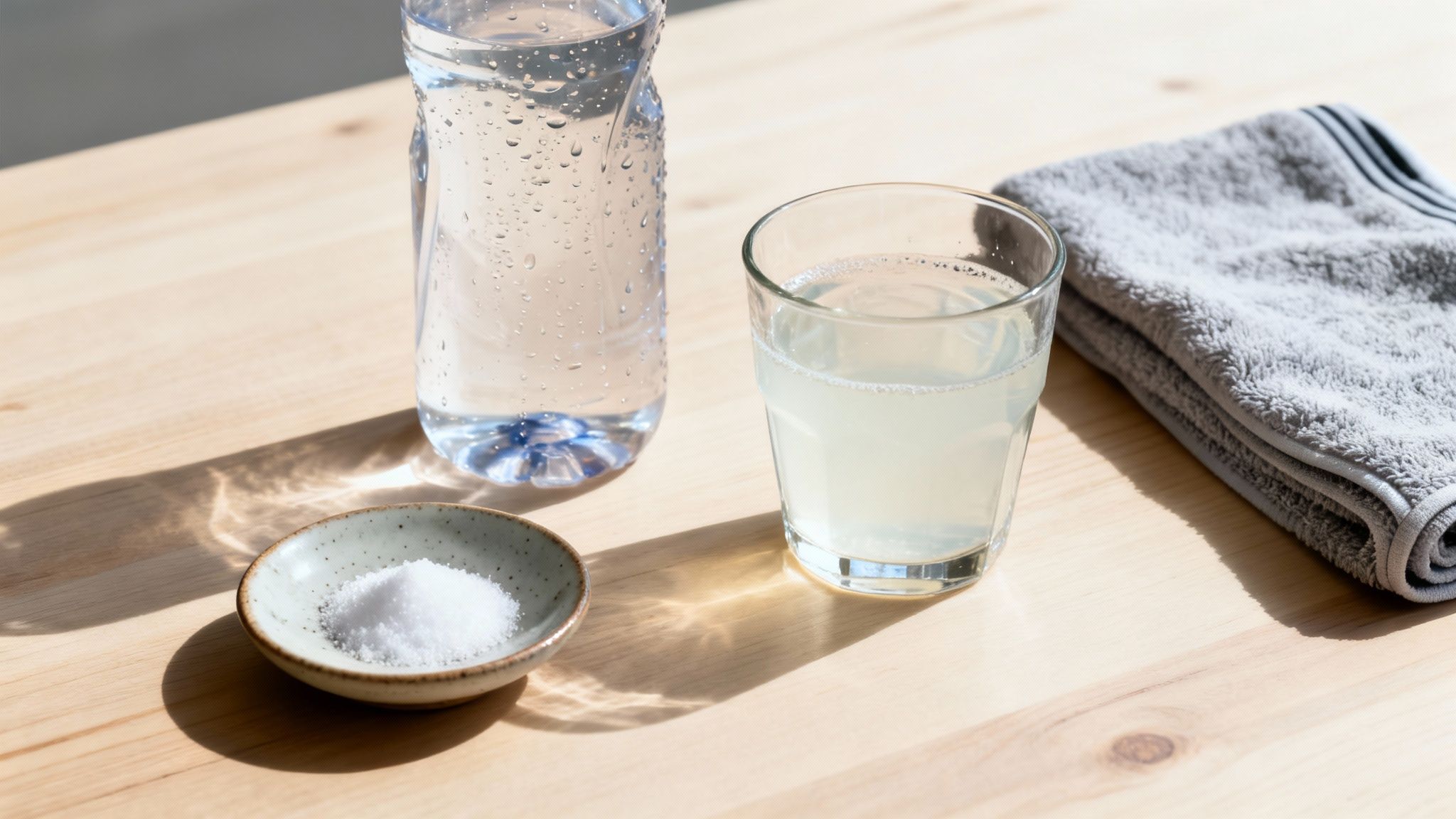Hydration essentials: water bottle, electrolyte drink, salt, and towel on a sunny wooden table.
